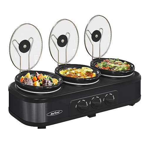 Sunvivi Triple Slow Cooker Buffet Servers and Warmer,3 Pot Food Small Mini Manual Slow Cooker with Adjustable Temp Stainless Steel Lid Rests,Removable Ceramic Pot,4.5 QT Black