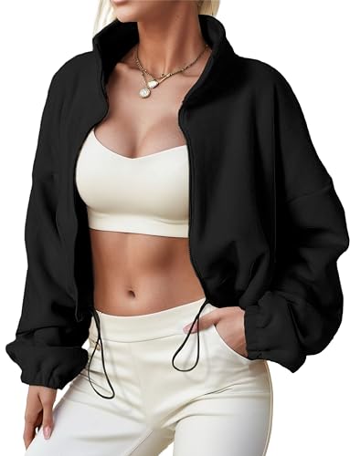 GRECERELLE Women's Sherpa Jacket Women Long Sleeve Winter Coats Full Zip Fleece Crop Jacket 2023 Black-M