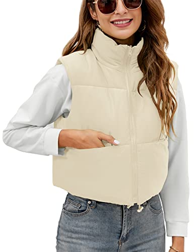 AKEWEI Winter Warm Crop Vests for Women Fashion High Neck Zipper Cropped Outwear Puffer Sleeveless Jacket Coat (Army Green,XL)