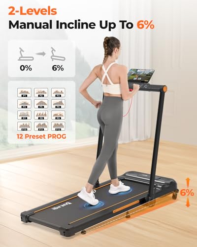 YUEJIQI Walking Pad with Incline, 3.5HP Foldable Treadmill for Home Office Small Space, Portable Walking Treadmill Under Desk 300 Lbs with 12 Preset PROG, LED Display, Speaker and Phone Holder