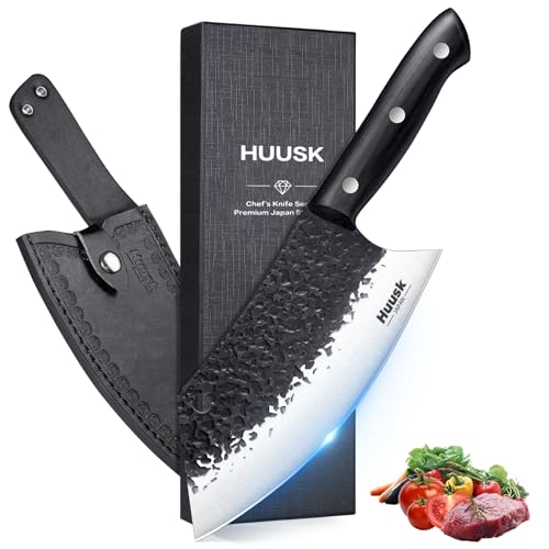 Huusk 4pcs Butcher Knife Set - Japanese Meat Cleaver Knife & Axe-like Kitchen Knife & Sharp Viking Knife for Meat Cutting, Camping, BBQ, High Carbon Steel Knives Set with Sheath