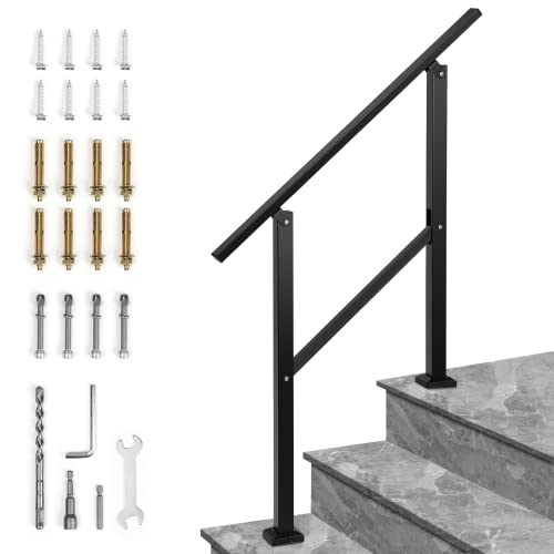 Handrails for Outdoor Steps Fits 1 to 3 Steps Stair Railing for Outdoor, Wrought Iron Handrail with Installation Kit for Concrete Steps, Porch Steps (3 Steps), Matte Black