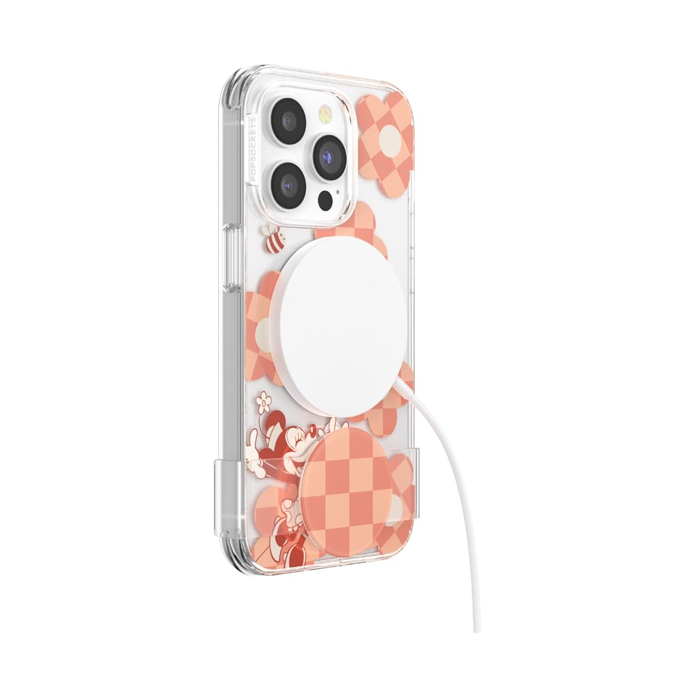 PopSockets iPhone 14 Pro Case with Phone Grip and Slide Compatible with MagSafe, Phone Case for iPhone 14 Pro, Wireless Charging Compatible, Disney - Minnie Checker Flower