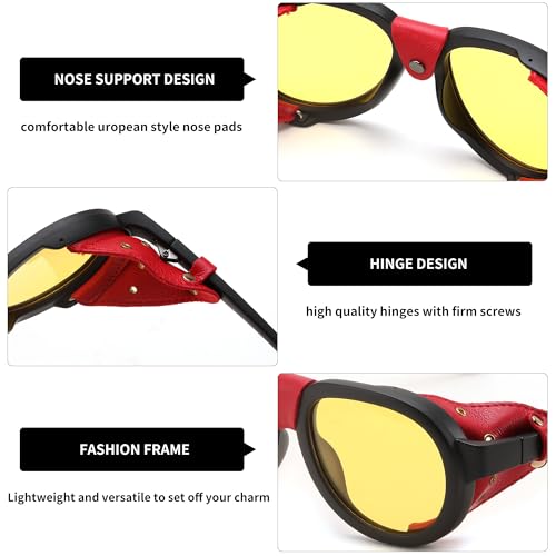 FEISEDY Steampunk Sunglasses Women Men，Polarized Yellow Lens, Retro Round Vintage Frame Leatherwear B0159