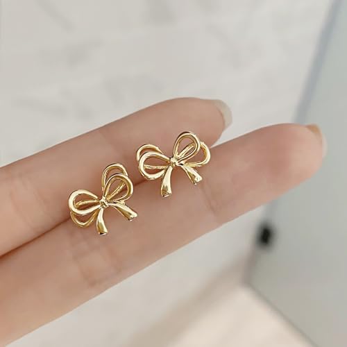 S925 Bow Earrings for Women Trendy, Small Cute Statement Ribbon Stud Earrings for Women Gold