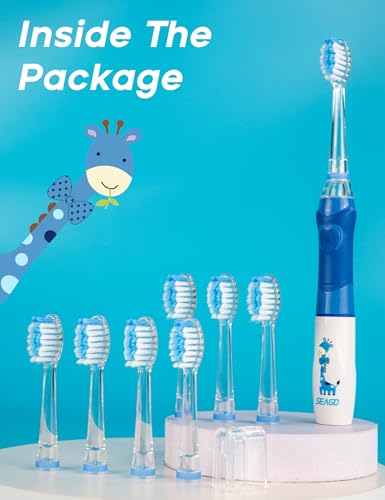 SEAGO Kids Electric Toothbrush with 2 Mins Brushing Timer and 8 Replacement Bursh Heads,Rainbow LED Light Make Brushing Fun, Blue Color Boys Battery Powerd Toothbrush for 4-12 Years Old