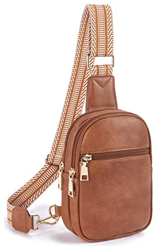 Telena Sling Bag for Women Vegan Leather Fanny Pack Crossbody/Chest Bag, Camel Brown