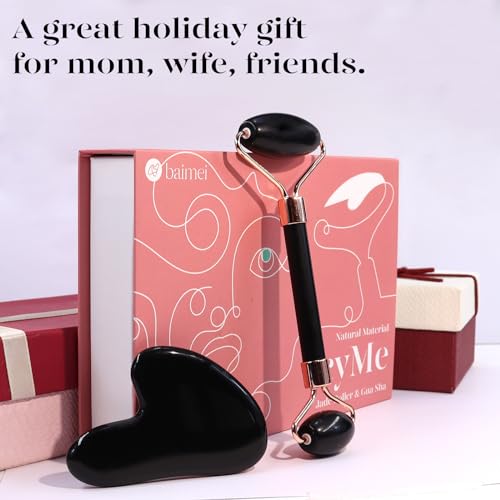 BAIMEI Jade Roller & Gua Sha Set Face Roller and Gua Sha Facial Tools for Skin Care Routine and Puffiness, Self Care Gift for Men Women - Black