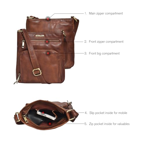 ESTALON Women's Real Leather Crossbody Purse With Adjustable Sling Strap - Medium Size Crossover Shoulder Hand Bag