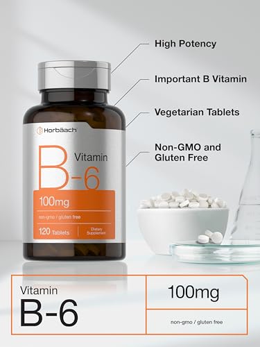 Horbäach Vitamin B-6 100mg | 120 Vegetarian Tablets | Pyridoxine HCl | Vegetarian, Non-GMO & Gluten Free Supplement