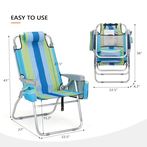 VINGLI Backpack Beach Chair 2 Pack, with 5-Position, Cup Holders, Cooler Bag, Towel Bar, Lightweight Folding Beach Camping Chairs for Adults(Blue-13)