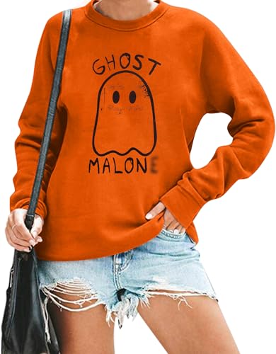 FASHGL Ghost Sweatshirt Women Funny Halloween Pullover Spooky Graphic Blouse Casual Long Sleeve Tee Tops Black