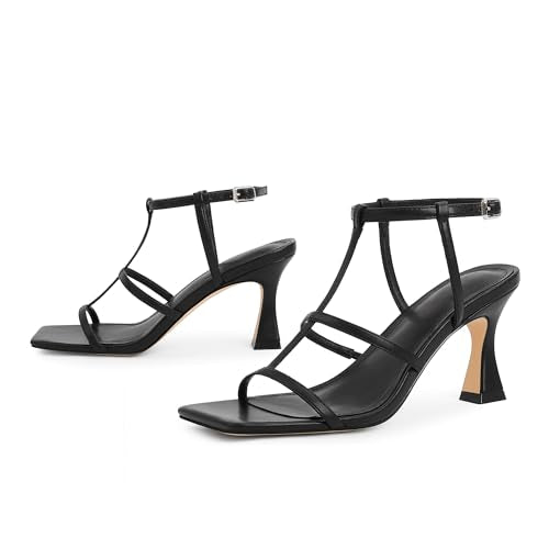 Modatope Gold Kitten Heels for Women Strappy T-Strap Sandals 2024 Square toe Ankle Strap Heeled Sandals 2024 Open Toe 3 inch Womens Heels Size 6.5