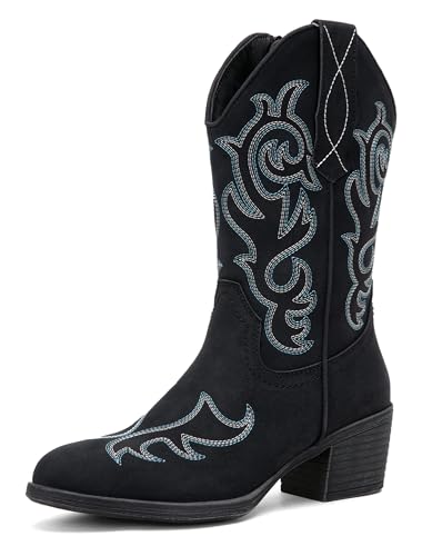 Vepose Women’s Black Cowboy Mid Calf Boots, Cowgirl Western Embroidered Chunky Low Heel 9800 Boots with Zipper, Size 6M US, (CJY9800 Black 06)