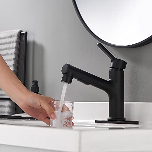 LAZ HOME Bathroom Sink Faucet with Pull Out Sprayer,Three Water Flow Modes Brass Single Handle Black Bathroom Basin Faucet for Hot and Cold Water Vanity Basin Faucet