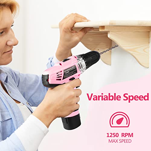 AVID POWER Cordless Drill Pink, 12V Power Drill Set with 22pcs Impact Driver Bits, 2 Variable Speed, 3/8'' Keyless Chuck, 15+1 Torque Setting (Pink)