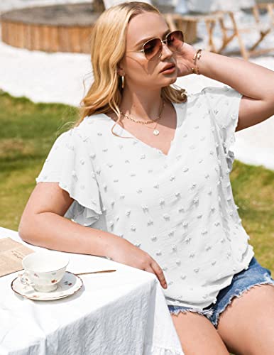 IN'VOLAND Womens Plus Size Blouse Ruffle Sleeve Flowy Tops Business Casual Swiss Dot Tunic V Neck Cute Summer Tee Blue 20W