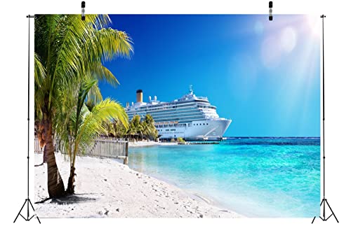 CORFOTO 5x3ft Cruise Ship Backdrop Caribbean Sea Background Palm Trees Tropical Beach Island Photography Backdrops Summer Cruise Travel Party Supplies Ocean Cruise Birthday Props Photoshoot Fabric