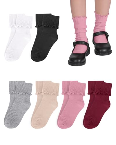 Witwot Ruffle Socks for Girls Kids Toddler Turn Cuff Socks 4-6 Years Assorted