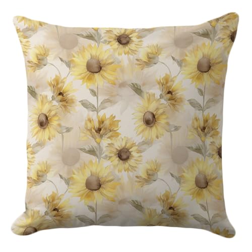 Summer Pillow Covers 18x18 Inch - Beige Watercolor Sunflower Pattern with Rustic Charm, Neutral Toned Floral Decorative Cushion Cases for Elegant Home Decor, Living Room, and Patio