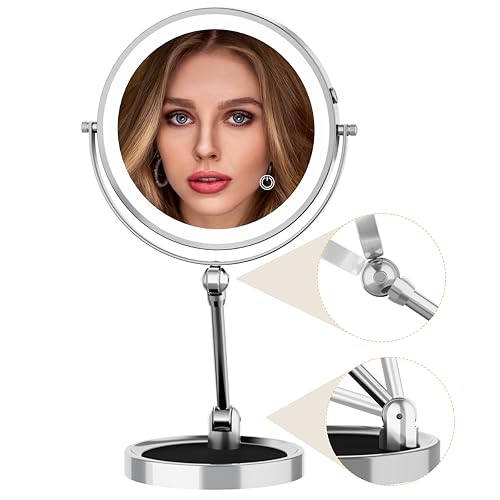 9" Large Lighted Makeup Mirror with 1X/10X Magnification, 4000mAh Rechargeable Vanity Mirror with Height Adjustable & 3 Color Dimmable Lights, 360°Swivel Double Sided Tabletop Cosmetic Mirror