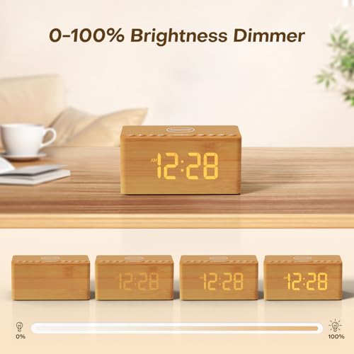 ANJANK Wooden Sound Machine Alarm Clock for Bedroom, Bluetooth Speaker, 20 Soothing Sounds, 0-100% Dimmer, Wireless Charging Station for iPhone/Samsung, Sleep Timer, White Noise Machine for Sleeping