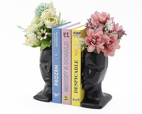 BOIHEGU Black Decorative Bookends, 7 inch Ceramic Multi Face Decorative Flower Vase(Set of 2) Modern Black Accent Decorative Bookends Gifts for Shelves