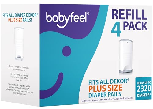 Babyfeel Refills Compatible with DEKOR PLUS Diaper Pails | 4 Pack | Exclusive 30% Extra Thickness | Diaper Pail Refills with Powerful Odor Elimination | Fresh Powder Scent | Holds up to 2320 Diapers
