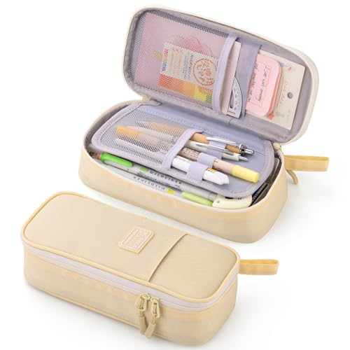 CICIMELON Durable Pen Pencil Case Big Storage Pen Pouch Bag for School Supplies College Teen Girls Adults, Beige