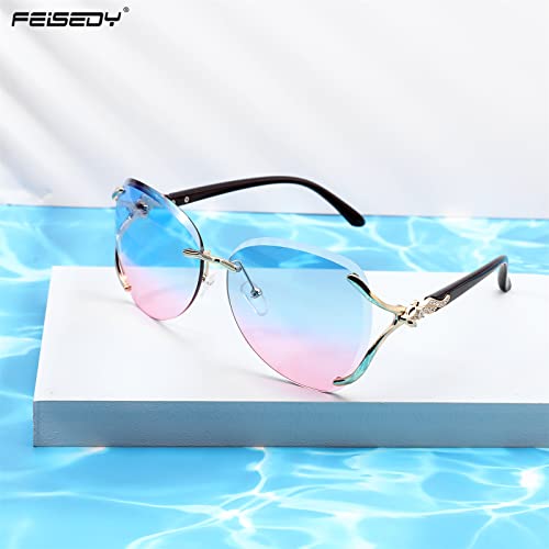 FEISEDY Classic Rimless Sunglasses Women Metal Frame Diamond Cutting Lens Ladies Large Fox Shades B4110