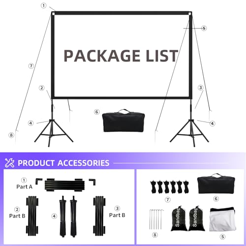 Projector Screen with Stand, Towond 84 inch Outdoor Projector Screen Portable Indoor Projection Screen 16:9 4K Rear Front Movie Screen with Carry Bag for Home Backyard Theater