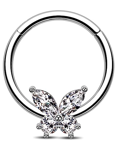 Jewseen 16G Butterfly Septum Ring Nose Ring Hoop CZ Hinged Segment Ring Septum Clicker Cartilage Earring Hoop Helix Piercing Daith Earrings Tragus Piercing Jewelry for Women Men