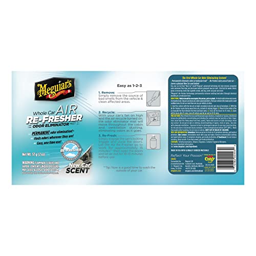 Meguiar's Whole Car Air Re-Fresher Odor Eliminator Mist - New Car Scent - Revitalize Your Car This Holiday Season and Permanently Remove Lingering Odors, 2 Oz Aerosol