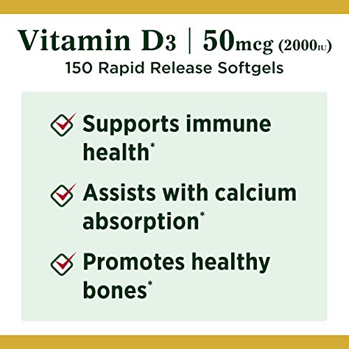 Nature's Bounty Vitamin D, Supports Immune Health & Bone Health, 2000IU Vitamin D3, 150 Softgels ,150 Count (Pack of 1)