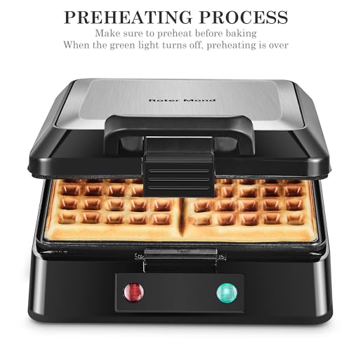 Waffle Maker, Roter Mond Belgian Waffle Maker, 4 Slice Square Stainless Steel Waffle Maker, Non-Stick Surface for Easy Cleaning for Family Use Breakfast, Save Space for Storage,1300W, Black