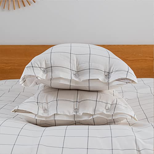 JELLYMONI Twin Duvet Cover Set- Cotton Plaid Duvet Cover 2 Pieces with Button Closure, 1 Duvet Cover and 1 Pillowcases (White with Black Grid Geometric Pattern Printed)