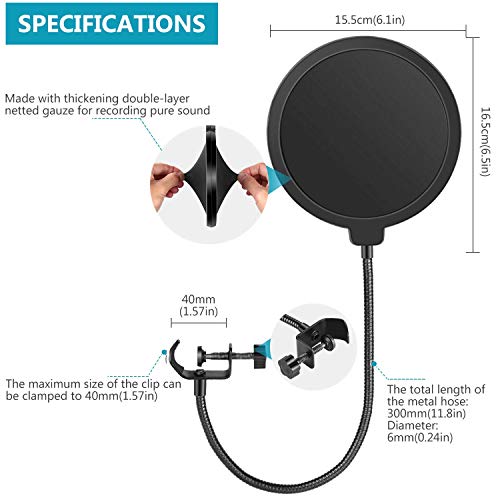 Neewer Professional Microphone Pop Filter Shield Compatible with Blue Yeti and Any Other Microphone, Dual Layered Wind Pop Screen With A Flexible 360 Degree Gooseneck Clip Stabilizing Arm