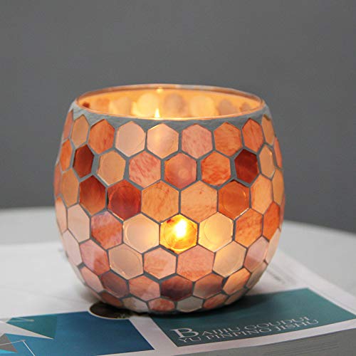 Votive Candle Holder Centerpiece, Mosaic Glass Tealight Holders for Home Decor, Table, Party Decorations, Handmade Gifts for Her, Vase for Potted Plants Bowl, Set of 2 (Shell Hive X 2)