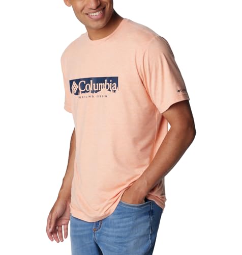 Columbia Men's Kwick Hike Graphic Short Sleeve Tee, Apricot Fizz/CSC Box Treeline, Small