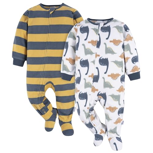 Gerber Baby Boys' Toddler Loose Fit Flame Resistant Fleece Footed Pajamas 2-Pack, Blue Dinos, 3-6 Months