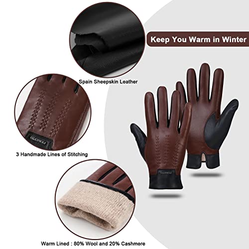 FIORETTO Men’s Chrome-Free Leather Gloves – Sheepskin Touchscreen Winter Driving Gloves with Cashmere Lining Brown Small