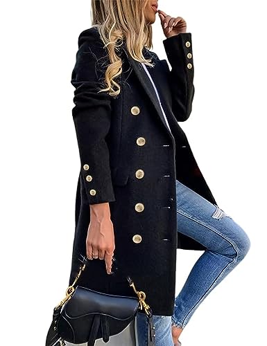 IDEALSANXUN Wool Coats for Women 2024 Fall Winter Double Breasted Mid Length Dress Trench Coats Peacoat Jacket(Misty Blue, XXL)