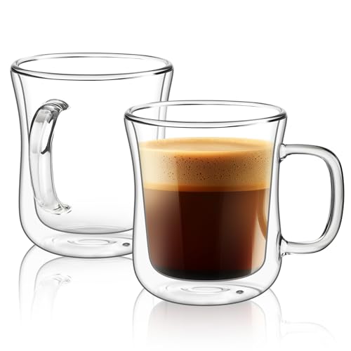 ComSaf Cappuccino Cup 8 oz with handle, Glass Coffee Cups Set of 2, Double Walled Glass Coffee Mugs for Caramel Macchiato, Latte, Flat White, Lungo, Coffee Mug Set Gift for Christmas, Birthday