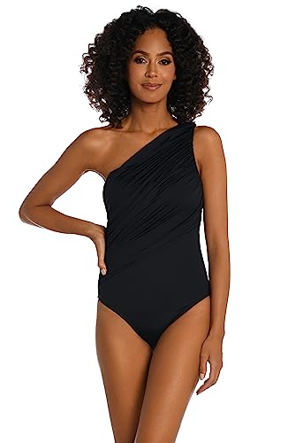 La Blanca Women's Island Goddess Shirred One Shoulder One Piece Swimsuit, Black, 4