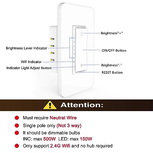 Smart Dimmer Switch 2.4Ghz Alexa Smart Switch WiFi Light Switch Compatible with Alexa and Google Assistant，Single Pole, Neutral Wire Required