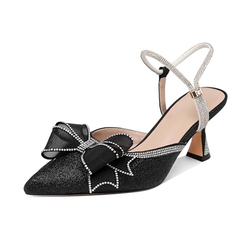 AUMOTED Rhinestone Heels for Women Kitten Heel Sandals Pointed Toe Slip On Heeled Mule with Bow Sparkly Satin Dress Mesh 2.5 Inch Summer Heels Black US Size 8.5