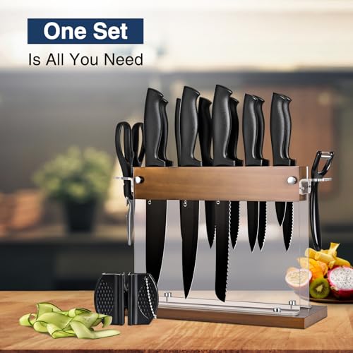 Gourmetop Kitchen Knife Set with Block 15 pcs, Kitchen Knife Block Set with Wood Acrylic Stand, Sharp Knife Set with Sharpener, Scissors, and Peeler, Black Cooking Knives Set for Kitchen Cutting