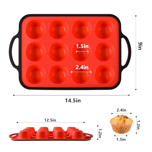 Silicone Muffin Pan with Metal Reinforced Frame - 12-Cup Mini Muffin Pan for Homemade Muffins, Cupcakes, Oven and Dishwasher Safe - Black Rim With Red Bottom, Mother's Day Gifts