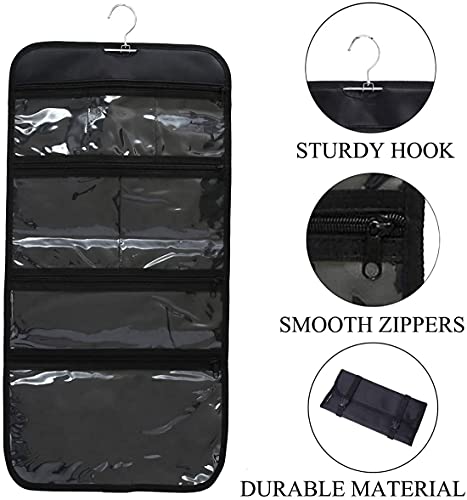 Wodison Foldable Clear Hanging Travel Toiletry Bag Cosmetic Organizer Storage (Black)