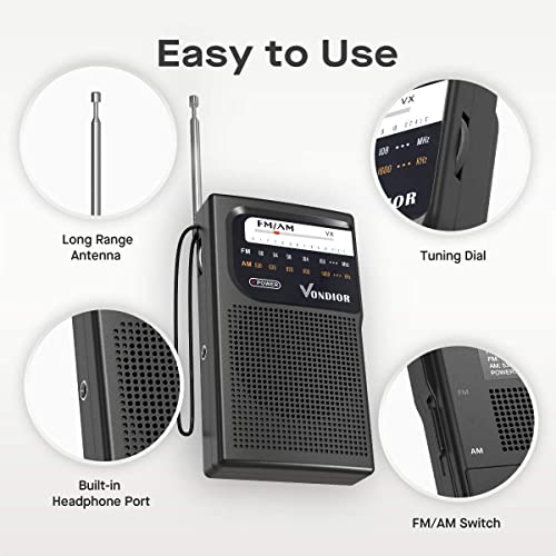 AM FM Battery Operated Portable Pocket Radio - Best Reception and Longest Lasting. AM FM Compact Transistor Radios Player Operated by 2 AA Battery, Mono Headphone Socket, by Vondior